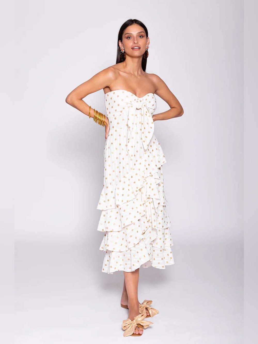 NWT Sundress Ilanila White Gold Strapless Ruffle Tiered Midi Dress | Size XS